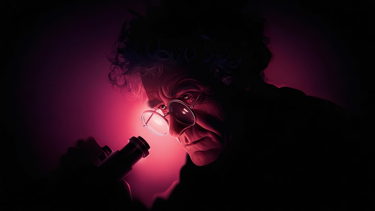 Uno scienziato riflessivo esamina un campione al microscopio, illuminato da un'illuminazione suggestiva, creando una miscela di mistero e intelletto in questo ritratto artistico
