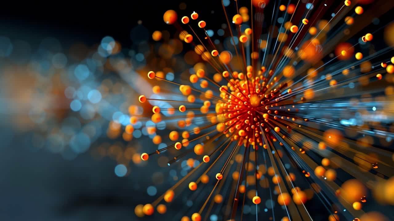 Dynamic Visualization of Abstract Particles Representing Molecular Structures and Interactions, Featuring Radiant Orange Beads and Shimmering Blue Lines in a Digital Setting