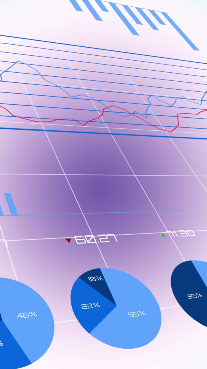 Animazione di elaborazione dati statistici su una rete a griglia su uno sfondo sfumato blu