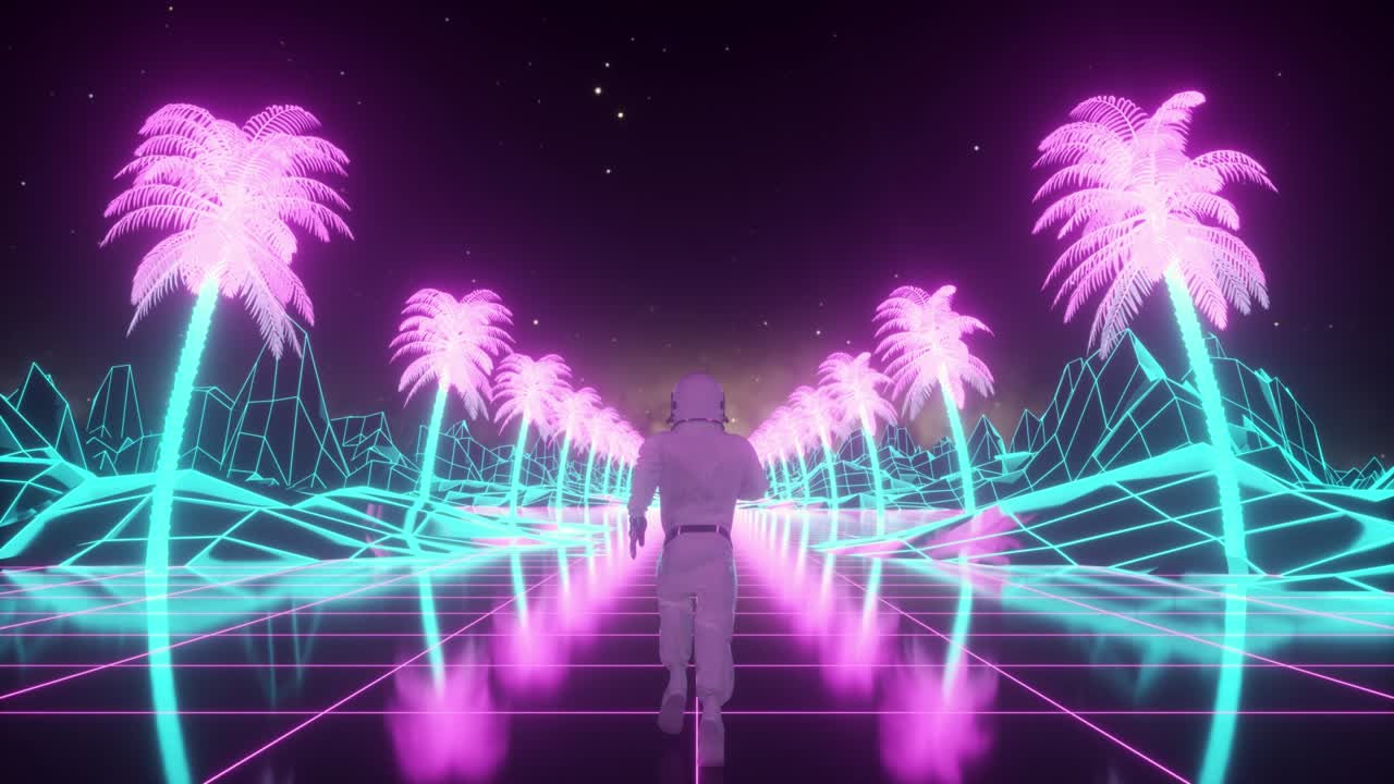 Astronaut runs surrounded by flashing neon lights. Music and nightclub concept. Retro 80s style synthwave background