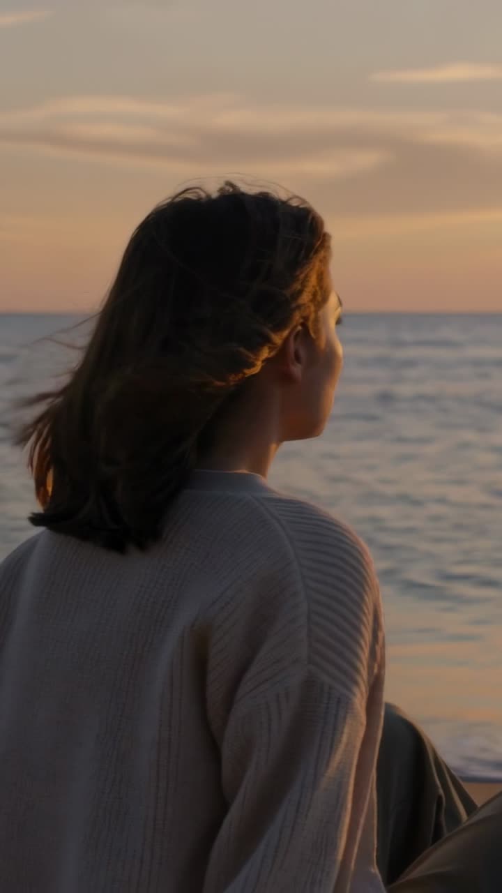 Video verticale: Donna che osserva, con un maglione di lana sulla sabbia, la brezza le solleva i capelli mentre guarda il tramonto sul mare.
