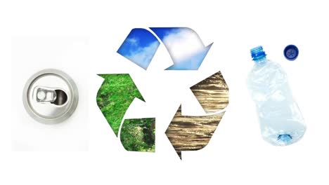 Recycling-sign-with-tin-can-and-plastic-bottle