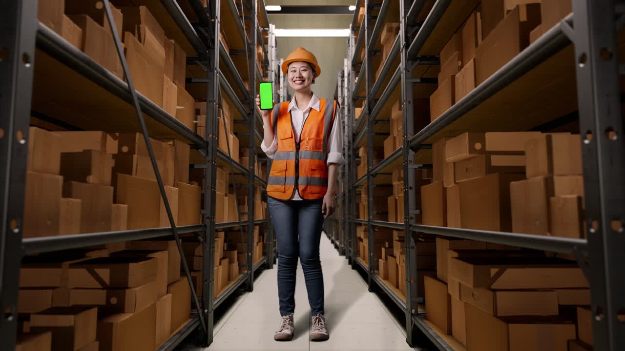 trabajador de almacén sosteniendo un teléfono inteligente con una pantalla verde