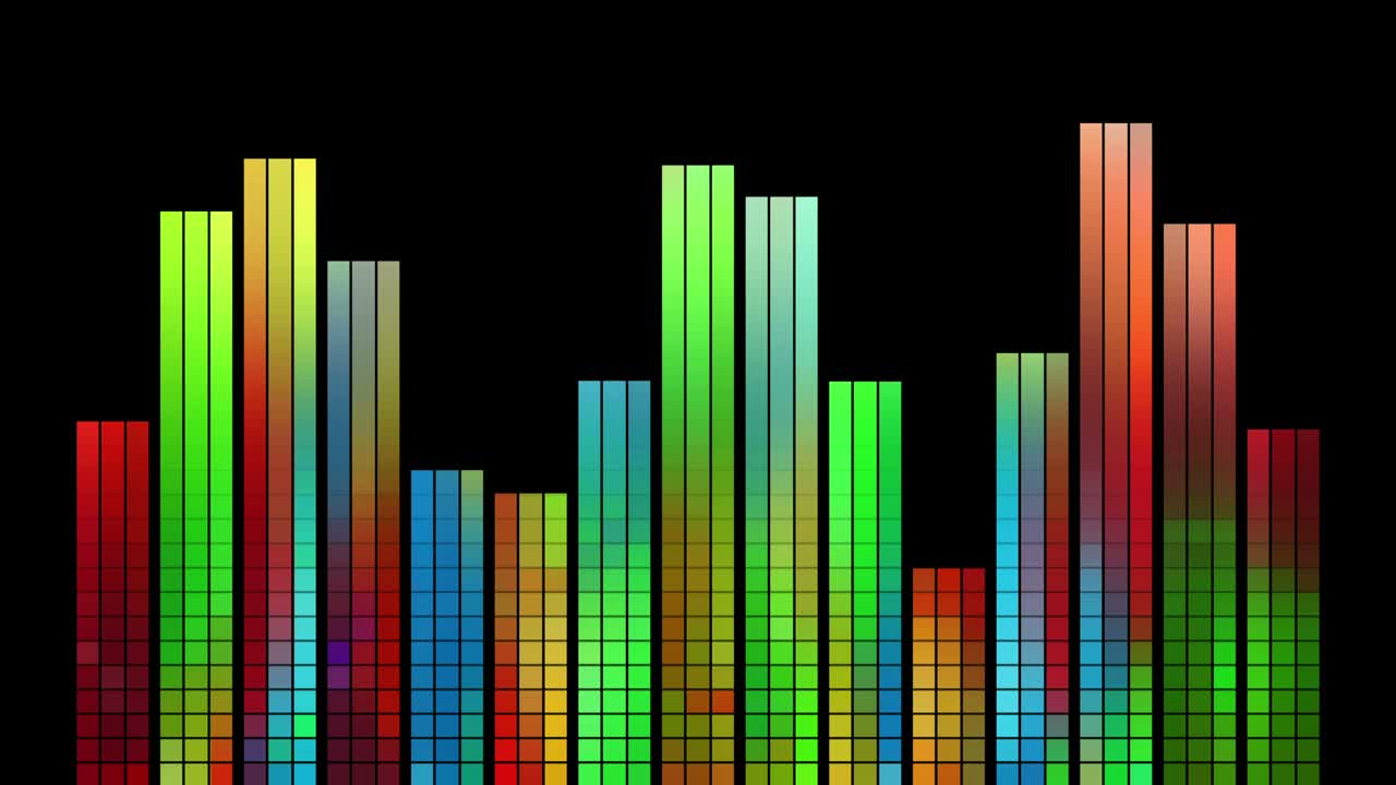 Color digital equalizer. The animation of the pixel bars is in sync with the bulk of the rhythmic musical themes. For shows and concerts, DJ sets, clips, advertisements, dance music.