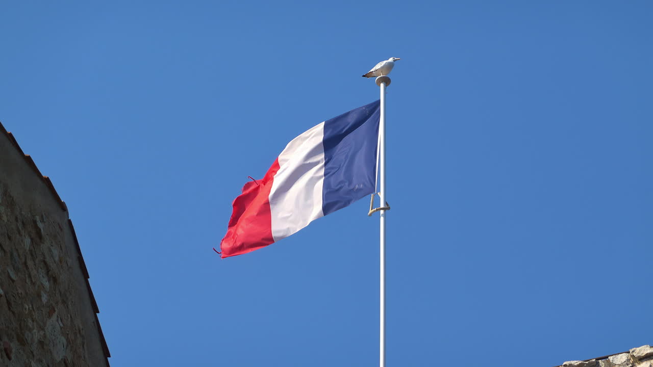 La bandiera della Francia che sventola con il cielo blu sullo sfondo