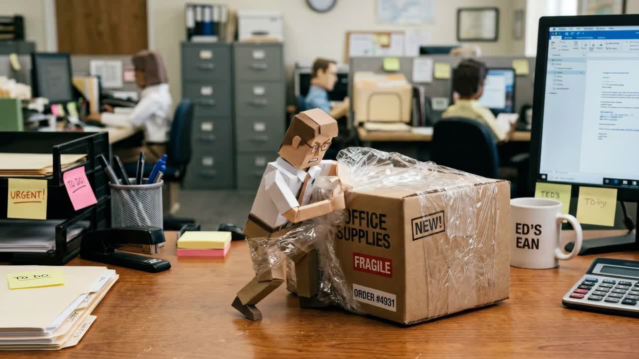 Papercraft Man Struggles to Unpack Office Supplies Box