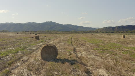 Slow-pivot-aerial-shot-of-haystacks-in-the-countryside-field-with-mountain-ridge-in-the-background-on-a-bright,-clear,-sunny-day