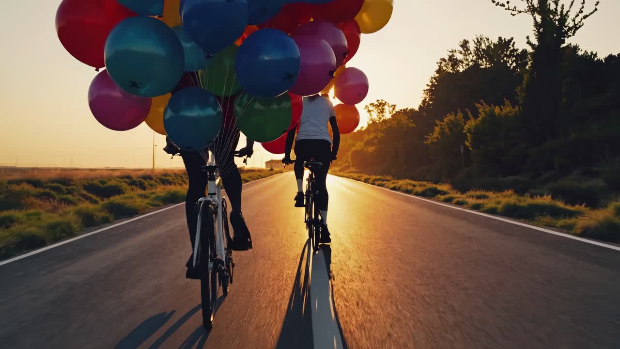 Cyclists pedaling down scenic countryside road during golden sunset, carrying vibrant multicolored balloons while sharing moment of joyful companionship and freedom