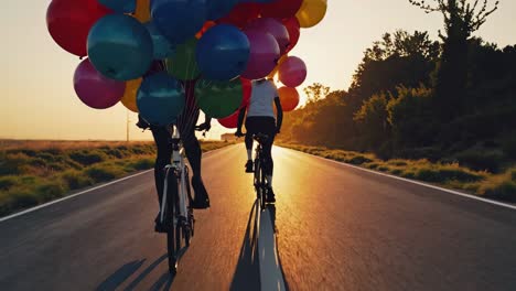 cyclists pedaling down scenic countryside road during golden sunset, carrying vibrant multicolored balloons while sharing moment of joyful companionship and freedom