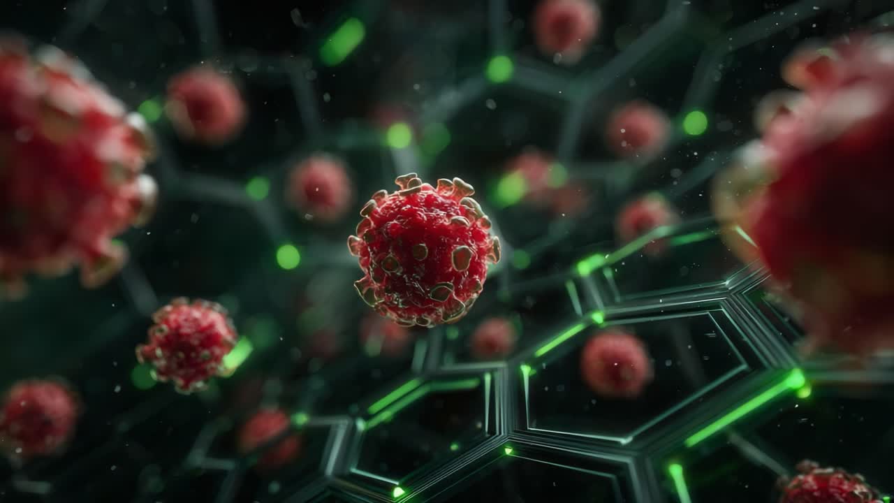 A Close-Up View of Virus Particles Floating in a Green Molecular Structure, Illustrating the Intricate Interplay Between Pathogens and Cell Frameworks