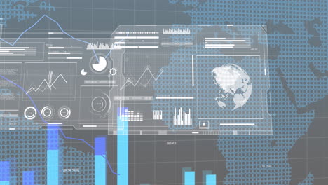 animación de la interfaz con el procesamiento de datos estadísticos sobre el mapa del mundo contra un fondo gris