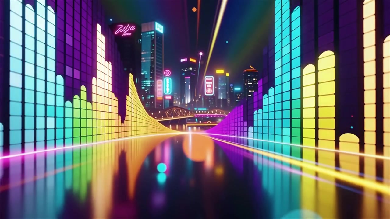 Fundo Futurista com Visualizador de Equalizador de Música Neon Arco-Íris.