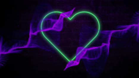 Animation-of-neon-green-heart-icon-and-purple-digital-wave-against-brick-wall-background