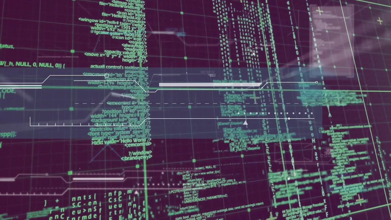 Grid intensifying activating HUD, bars extending, code scrolling, lines pulsing, visualizing status