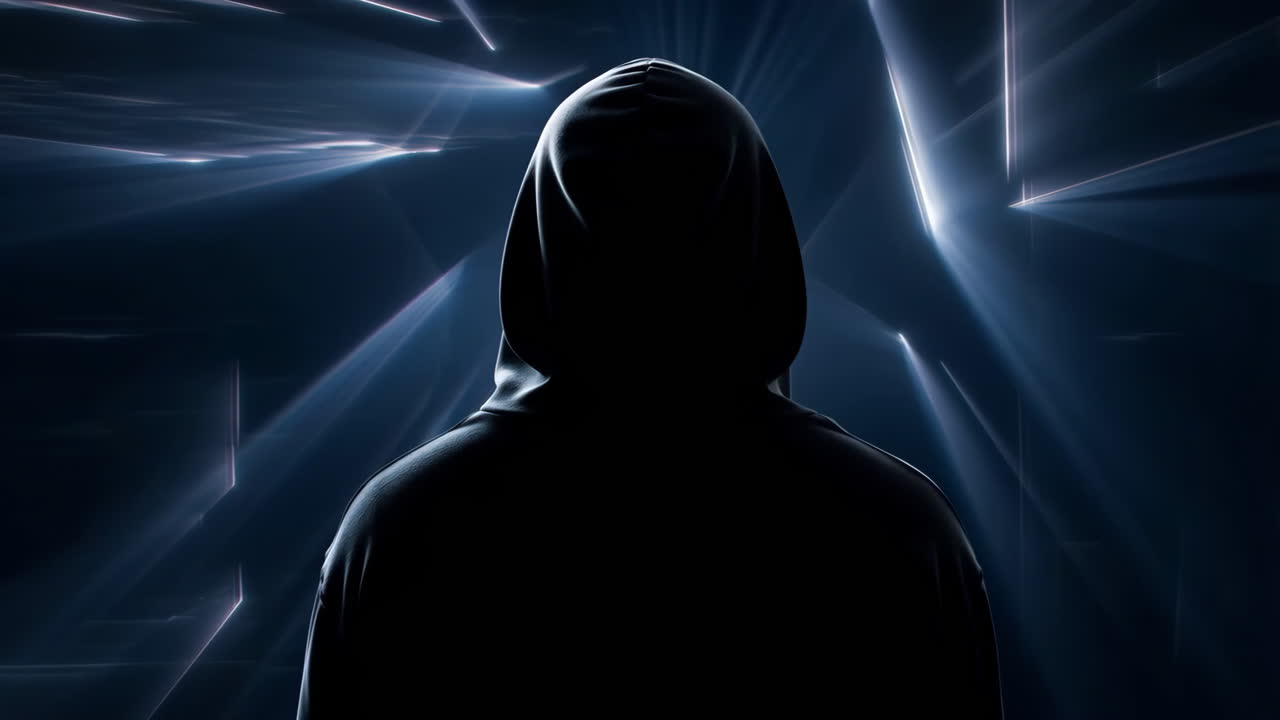 Mysterious Hooded Figure in Digital Light