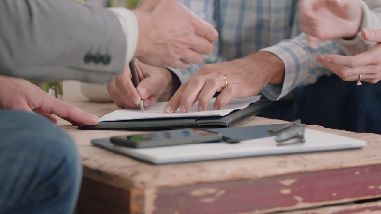 pareja madura que se reúne con un agente inmobiliario que compra una casa nuevos propietarios que firman un contrato de arrendamiento hipotecario que compran una propiedad que se dan la mano con un agente inmobiliario que disfruta de la inversión 4k