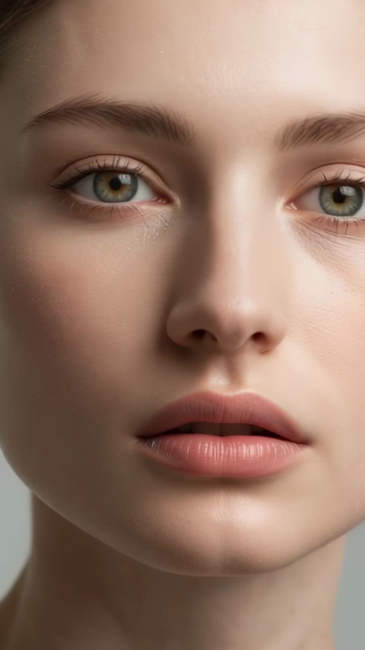 Video verticale: allontanamento della camera mentre riprende una donna che sposta lo sguardo e apre le labbra durante un servizio fotografico in studio