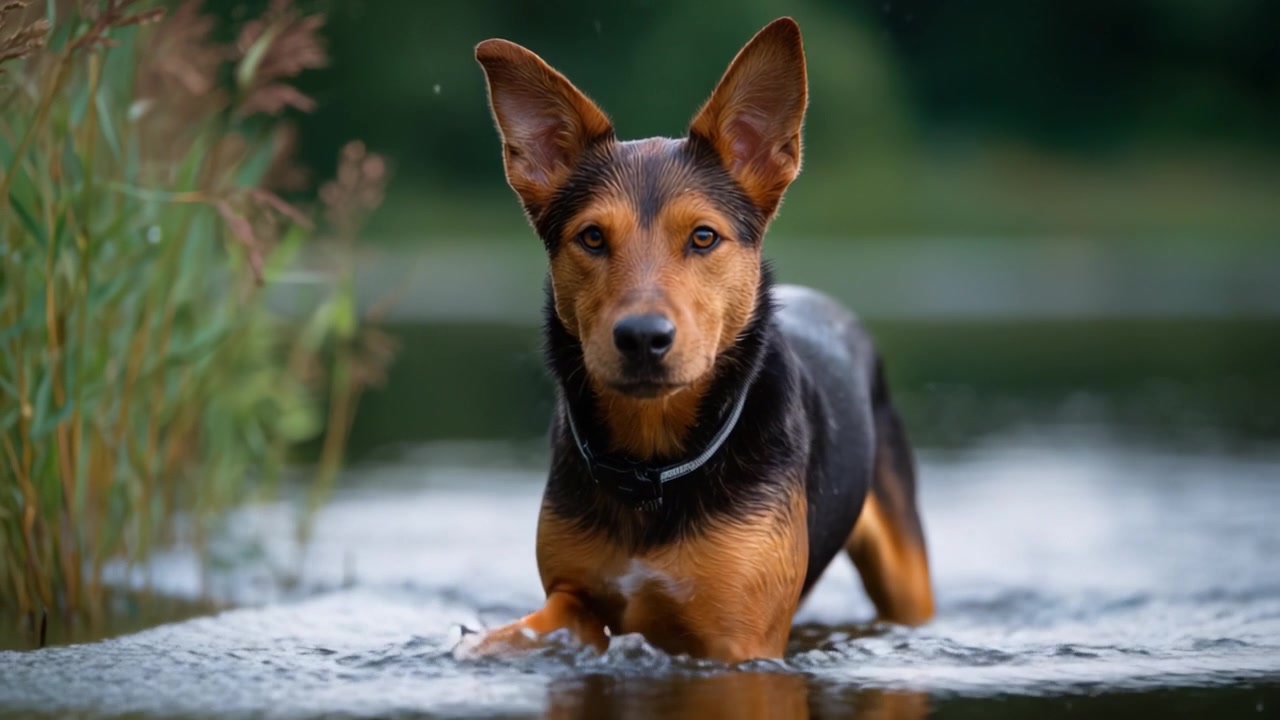Un Cane Giocoso che Sguazza nell'Acqua, Mettendo in Mostra la Sua Natura Gioiosa e l'Espressione Curiosa in un Ambiente Naturale Sereno con una Lussureggiante Vegetazione Circostante