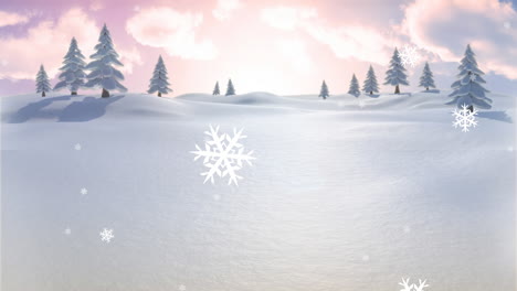 animation of snowflakes falling over trees on winter landscape against sunset sky