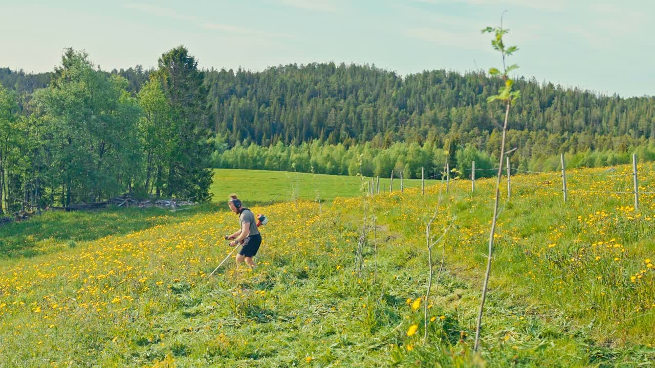 Man Cutting The Grassy Hill With Flowers Using Grass Cutter. - timelapse shot
