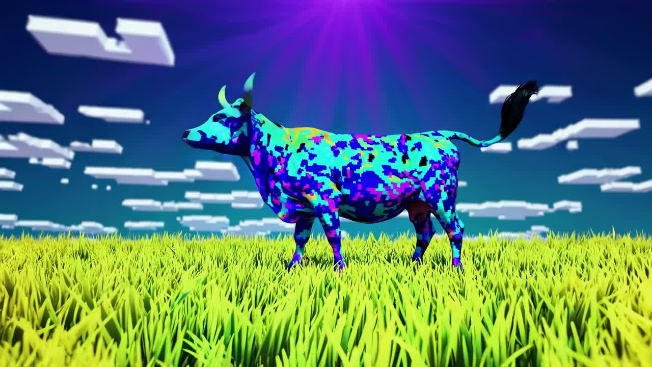 Colorful pixel art cow peacefully grazing in a vibrant meadow under a radiant sun, embodying a surreal and artistic interpretation of nature