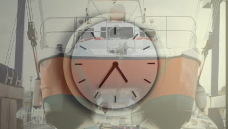 docked boat with clock animation overlay, showing passage of time