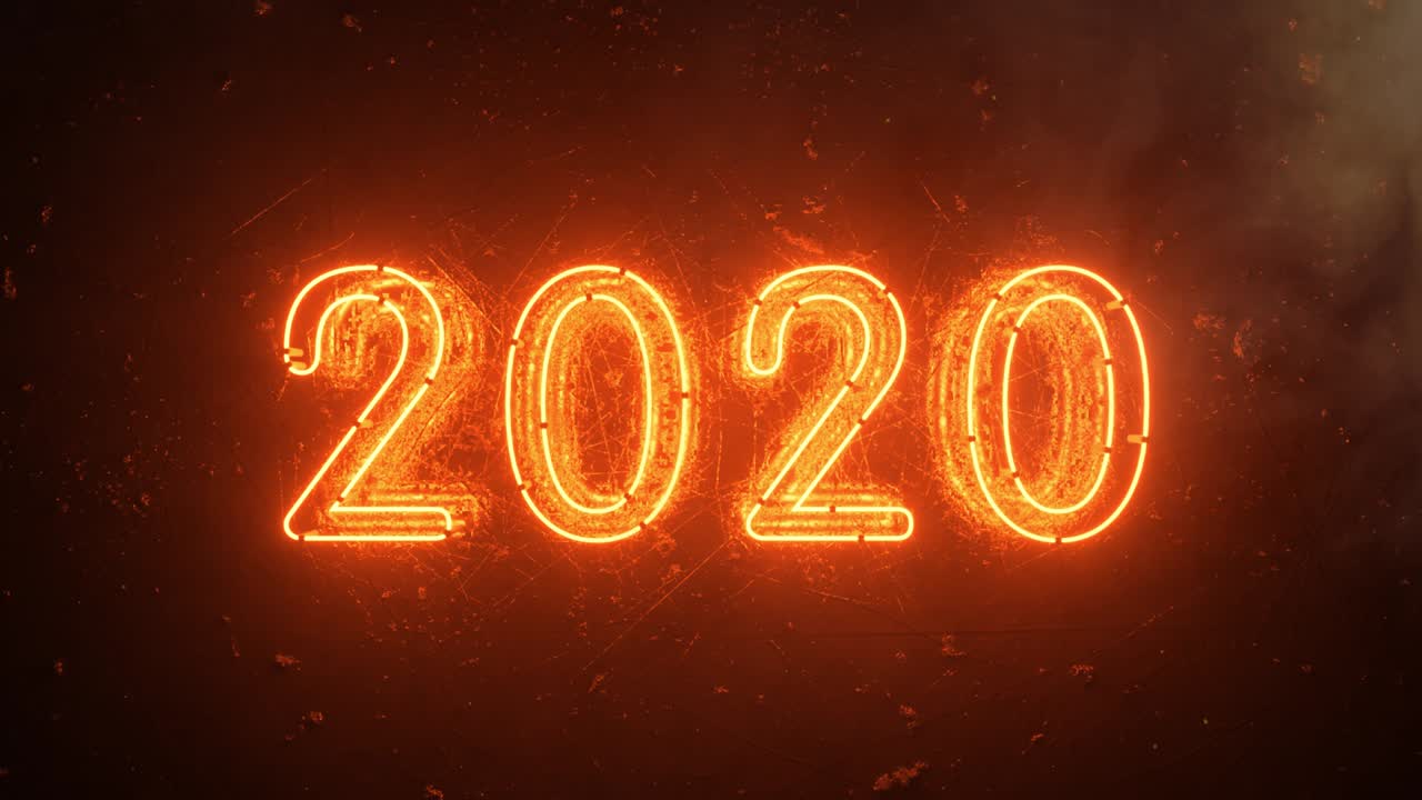 Sfondo con insegna al neon arancione fuoco 2020, concetto di Capodanno. Felice Anno Nuovo. Sfondo in mattoni. Luce tremolante