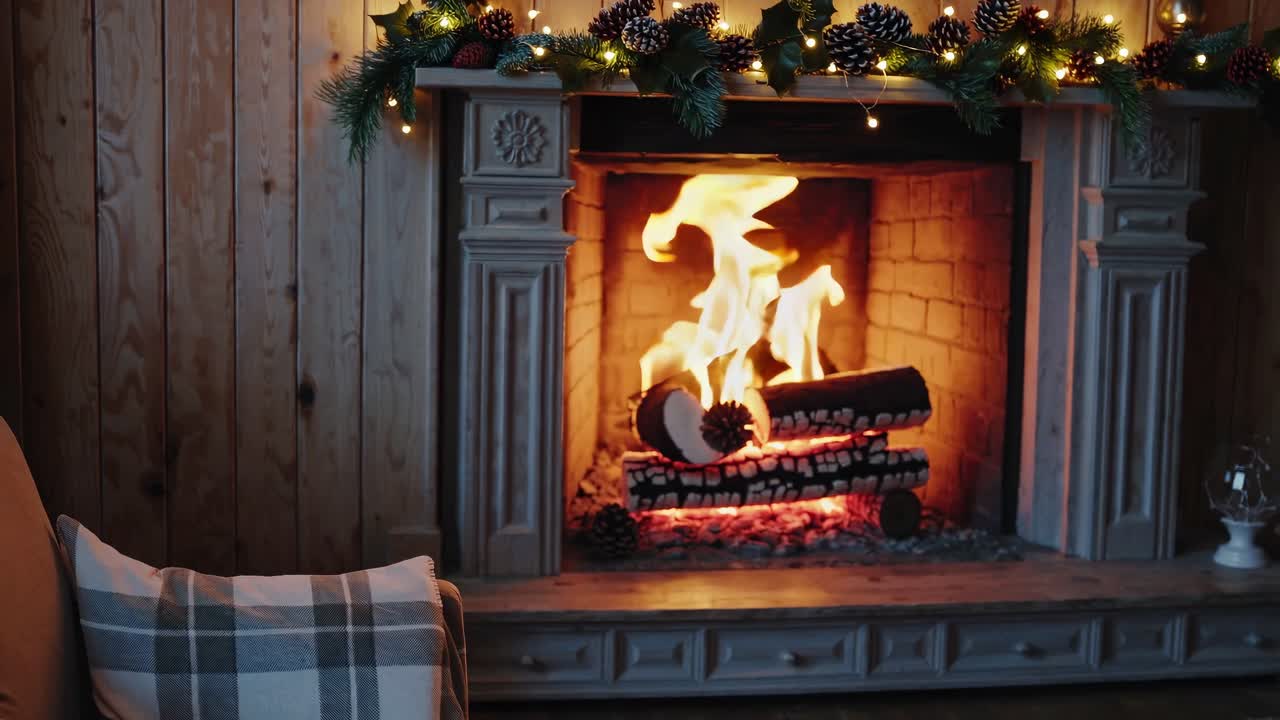 Cozy fireplace scene with glowing fire and festive garland, captured from a low angle