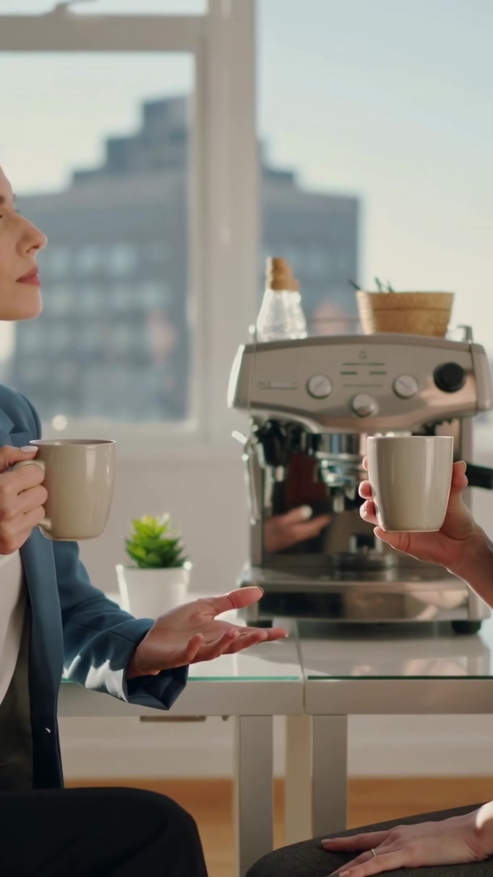 Vertikal video: Blazer-kledd ansatt nipper til kaffe, starter kontorprat mens hen lytter til en avslappende espressomaskin