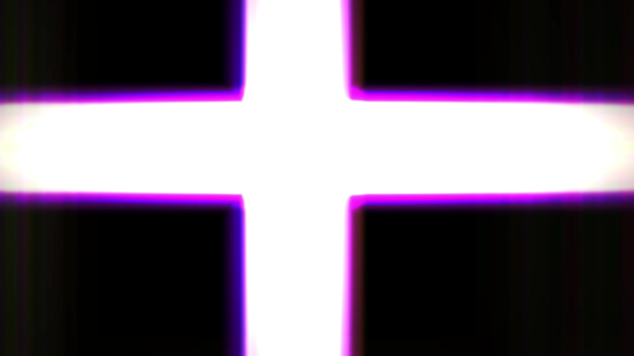 Glowing White Cross with Purple Chromatic Aberration on Black Background