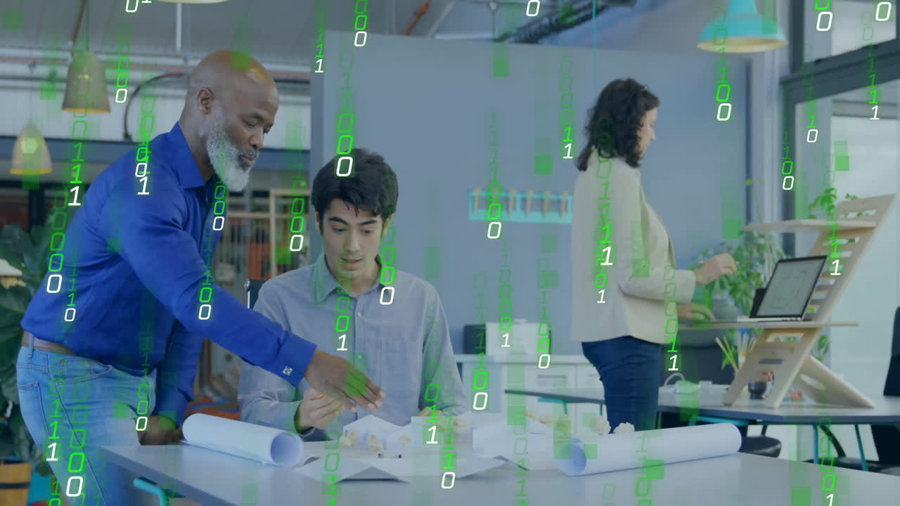 사무실에서 건축 계획을 작업하는 다양한 엔지니어에 대한 이진 코드 애니메이션