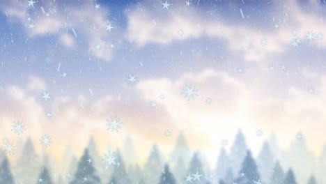 Animation-of-snow-and-star-icons-falling-over-winter-landscape-with-tall-trees