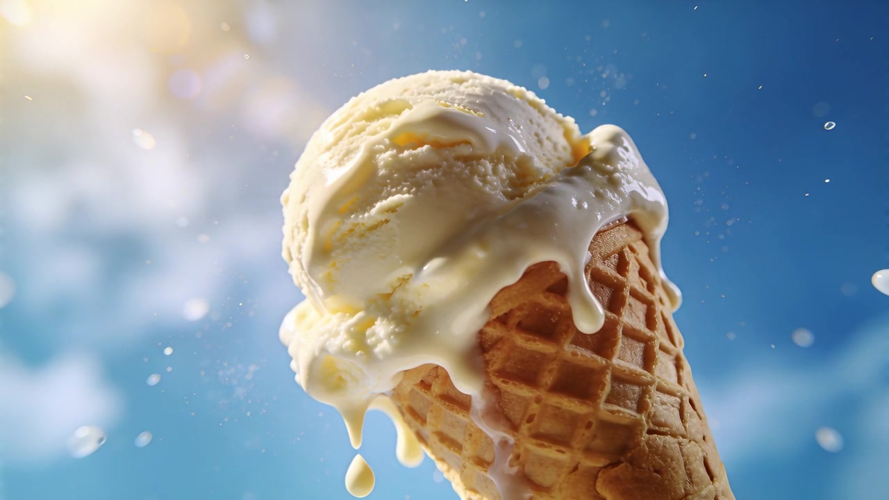 Smeltende wafelhoorn met vanille-ijsbol die zachter wordt door de zonnewarmte boven een blauwe lucht, druipend.
