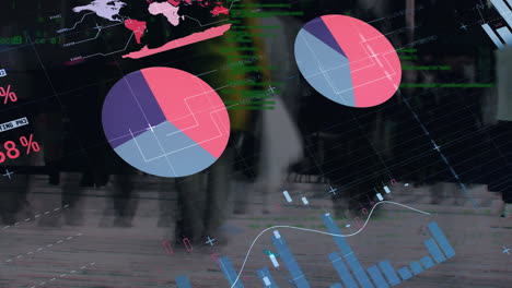 animación del procesamiento de datos financieros sobre personas que caminan por la calle de la ciudad