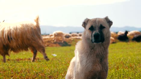 sheepdog guarding the herd of sheep in the field