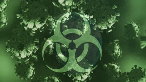 Animation-of-biohazard-symbol-and-covid-19-cells-floating-over-globe