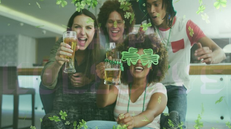 Animazione di trifogli su diversi amici felici che indossano oggetti a forma di trifoglio e bevono birra