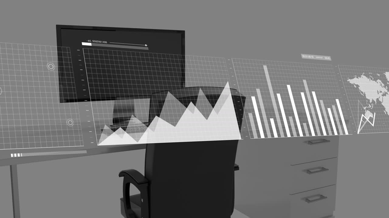Animation of financial data processing and statistics over office