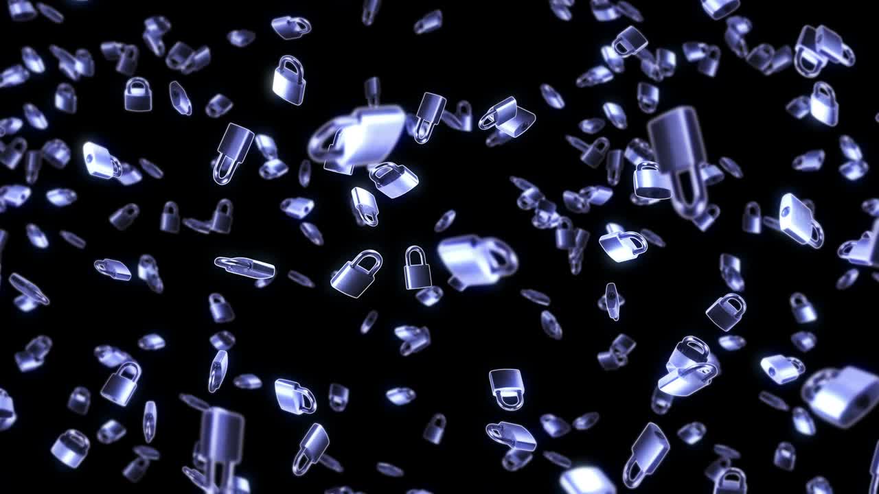 검은색 배경에 많은 은색 패들록을 날리는 보안 또는 비밀 보호 개념, 회전하는 패들록의 3d 애니메이션, 루프 애니메이션.