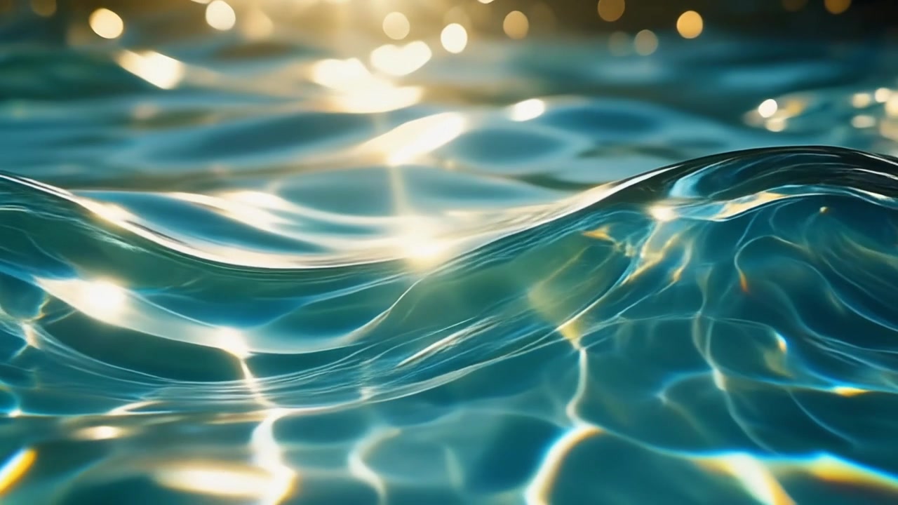 Primo piano di superficie d'acqua blu increspata con riflessi dorati del sole