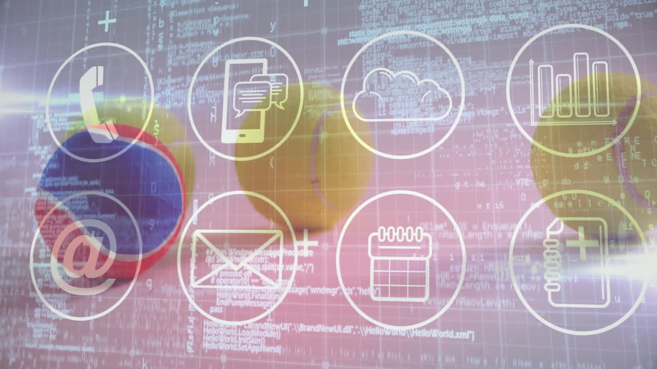 Flat design showing red blue table tennis paddle and yellow balls under transparent icons overlay