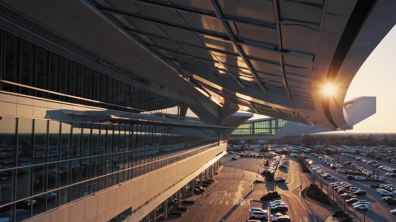 Modern architectural structure with sweeping curves and reflective glass surfaces, capturing the dynamic interplay of light and shadow in a vibrant urban environment