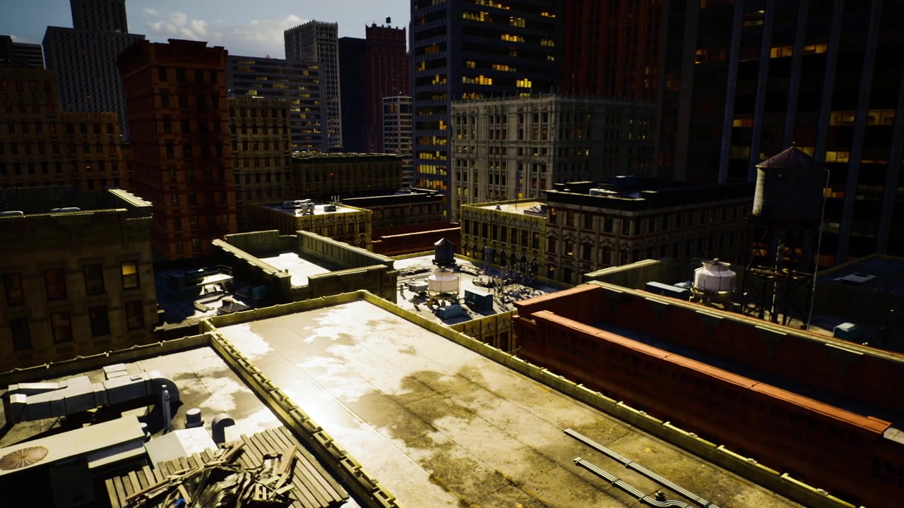 Cinematic scene featuring contrasting shadows and illuminated rooftops