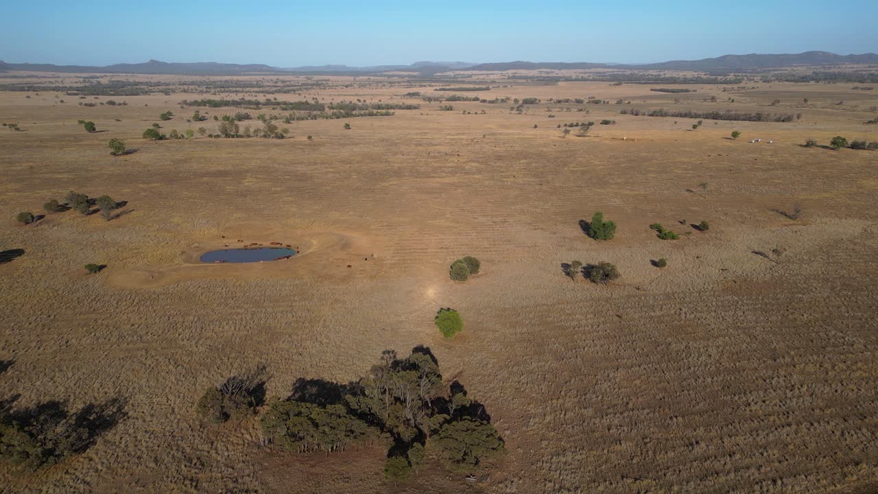 Aerial views over farmland in inland Central Queensland, Australia.