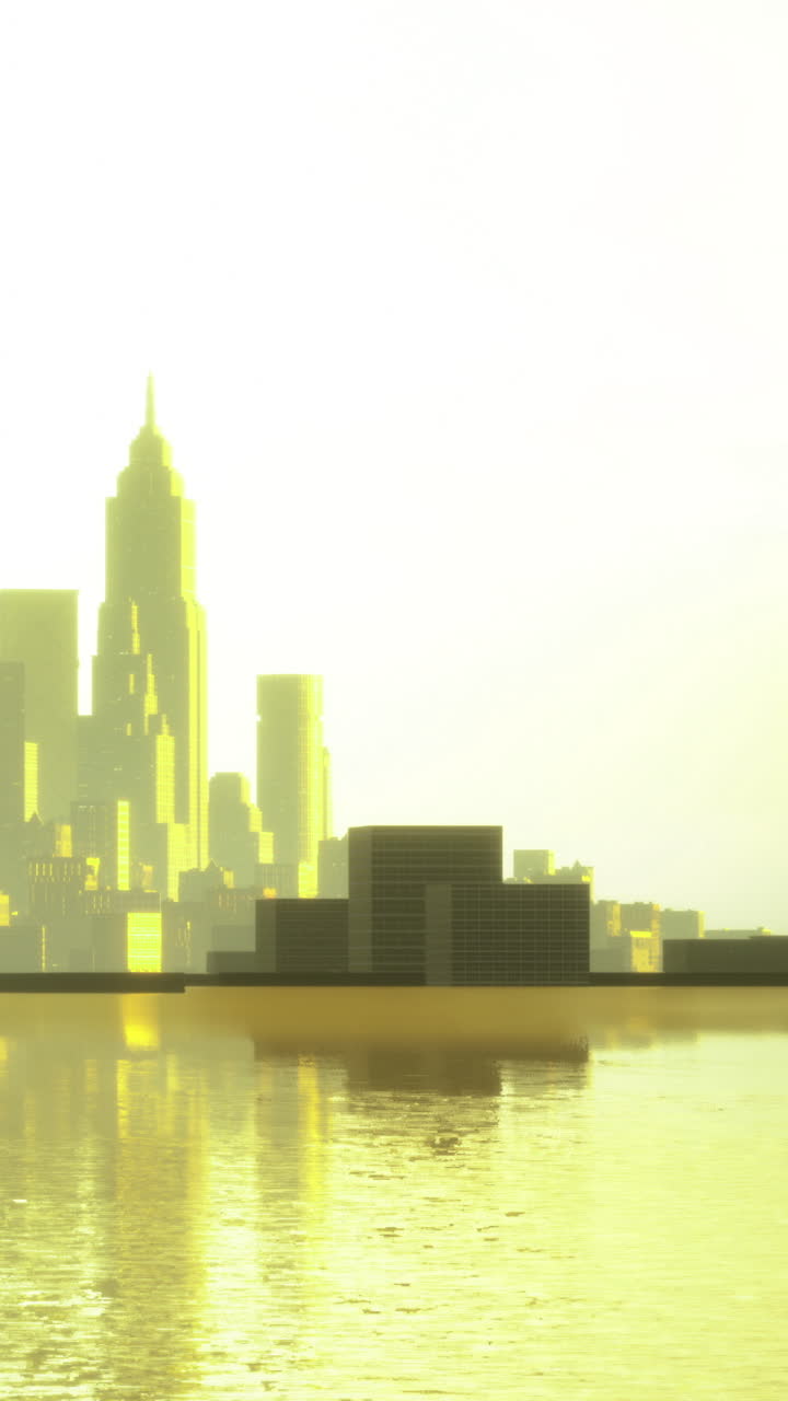 Vista dello skyline di una città moderna al tramonto, con una superficie d'acqua riflettente.