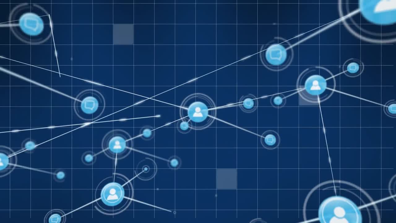 Animation of icons connected with lines over falling squares on grid pattern against blue background