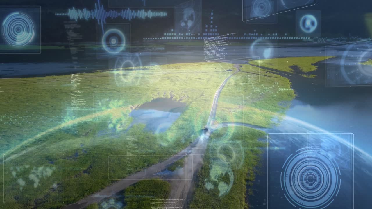 animación de la interfaz infográfica sobre vista aérea de un vehículo que se mueve en la carretera en medio del paisaje