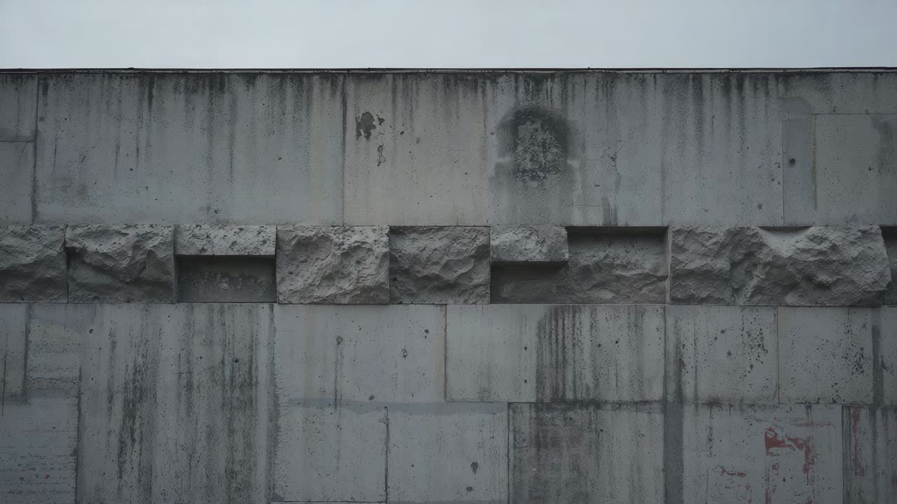 Camera framing weathered concrete wall at urban exterior showing slight light shifts, stone blocks