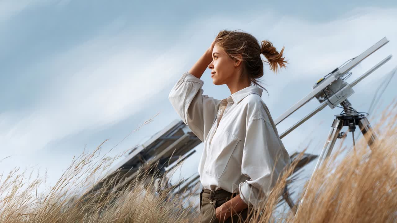 A woman stands confidently amid tall grass, gazing thoughtfully into the distance. The backdrop features modern equipment, suggesting a connection to nature and technology, capturing a moment of reflection and purpose