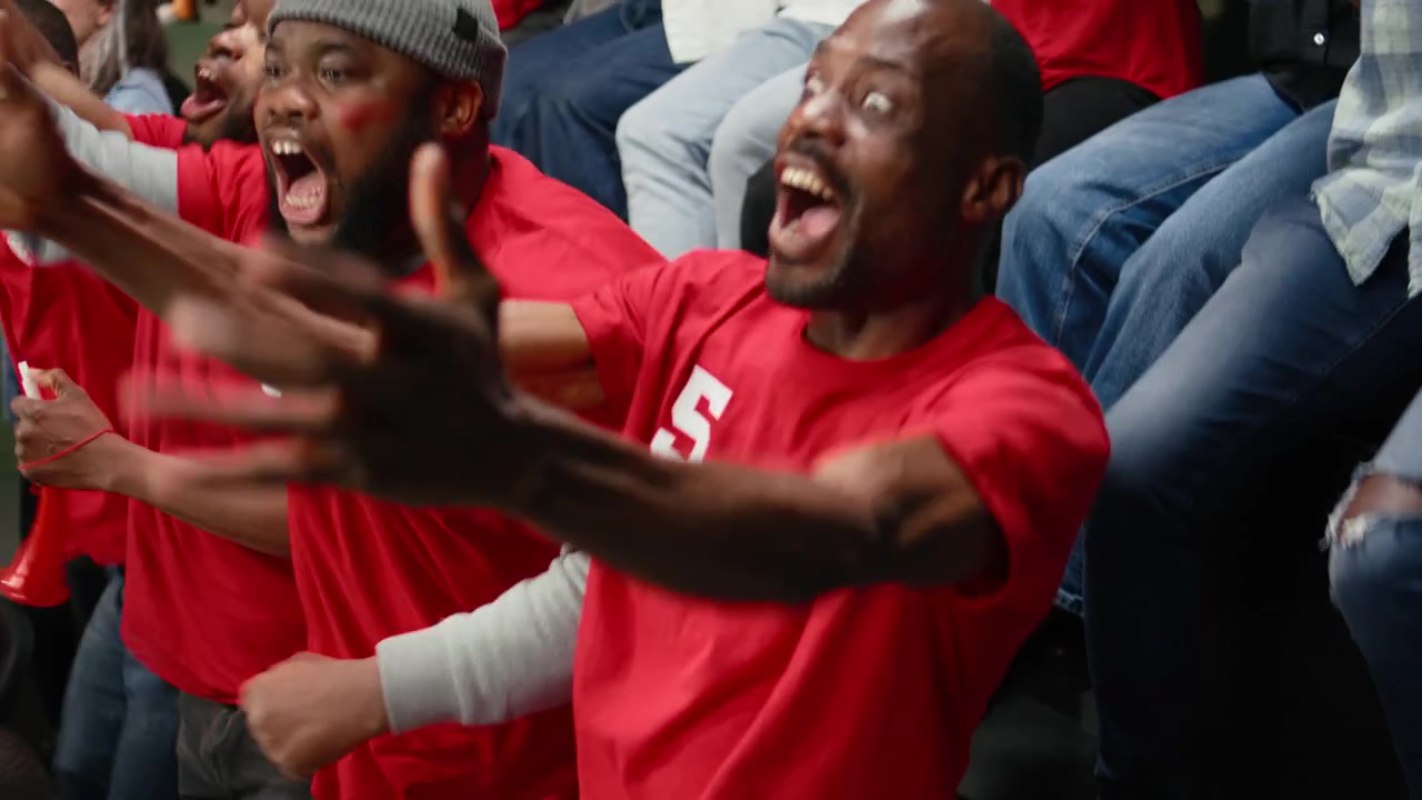 Happy stadium crowd celebrating decisive winning goal during the final minutes
